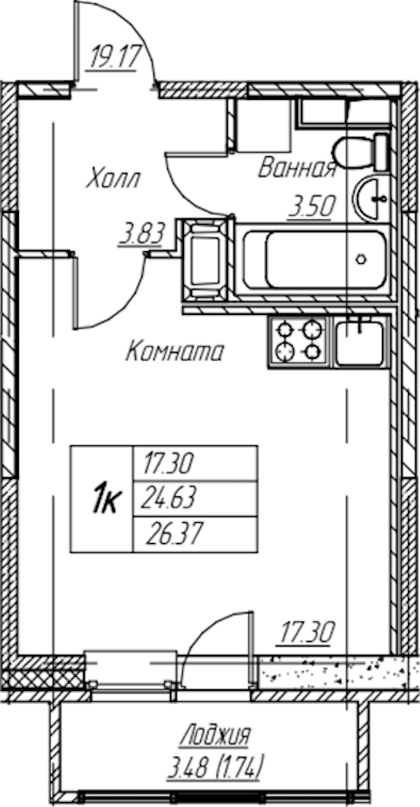 Квартира студия 26.37 м², 4/22 эт., ЖК «Парк-квартал Юнтолово»